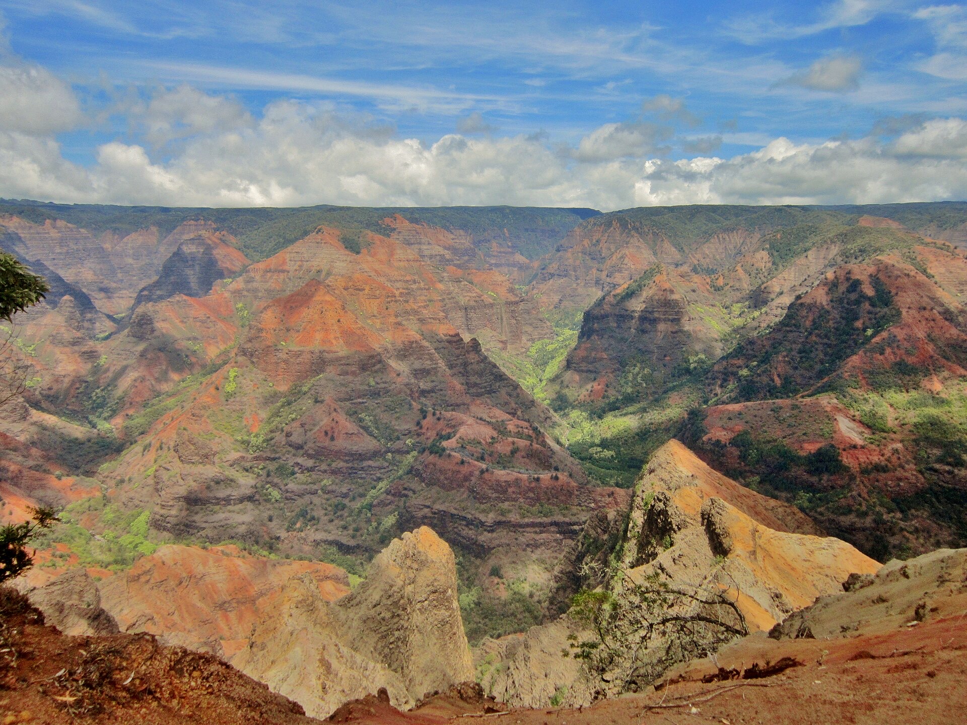 Waimea Canyon on Kauai with red rock walls and green ridges
